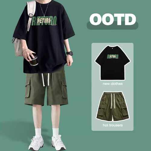 男生短袖夏季100%纯棉T恤两件套