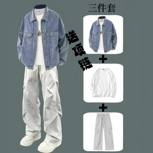 翻领日系牛仔夹克男士三件套春秋
