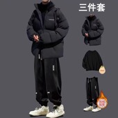 冬季 加厚棉服三件套男休闲宽松潮牌学生保暖套装 痞帅风外套面包服