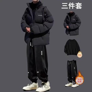 冬季 痞帅风外套面包服 加厚棉服三件套男休闲宽松潮牌学生保暖套装