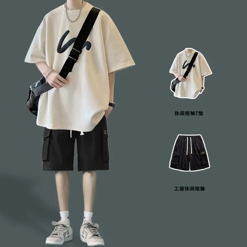 纯棉短袖t恤搭配短裤痞帅套装男