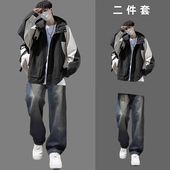 潮牌痞帅撞色冲锋衣套装 帅气男装 一套搭配外套男日系复古夹克秋季