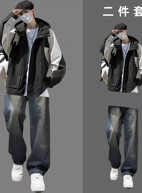帅气男装一套搭配外套男日系复古夹克秋季潮牌痞帅撞色冲锋衣套装