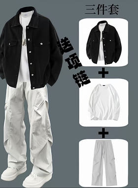 百搭牛仔外套男士春秋痞帅美式高街夹克潮流套装男装一套搭配帅气