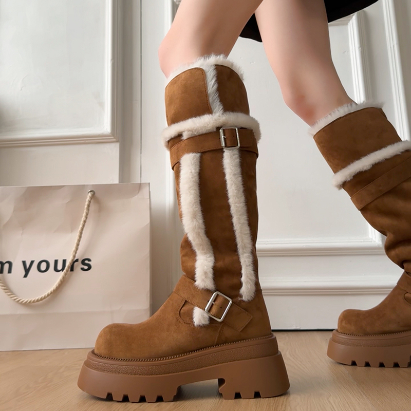 厚底加绒雪地靴女增高毛毛长筒靴