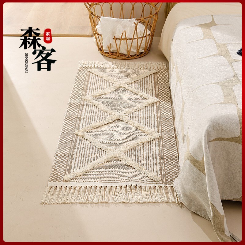 外贸北欧摩洛哥地毯卧室地垫几何黑白流苏簇绒客厅床边毯直销