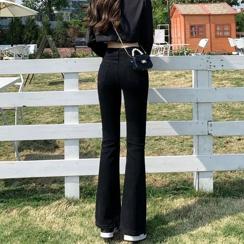 黑色微喇叭牛仔裤女2025年秋冬加绒高腰显瘦梨型大码小个子马蹄裤