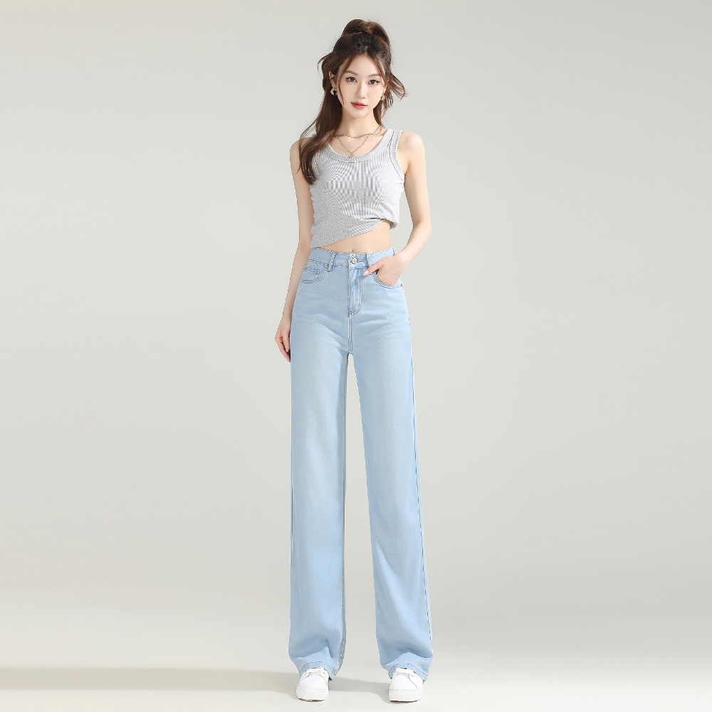 浅色窄版直筒牛仔裤女2025年秋冬加绒高腰显瘦梨形身材阔腿休闲裤