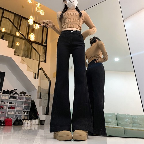 黑色微喇叭牛仔裤女高腰显瘦长裤