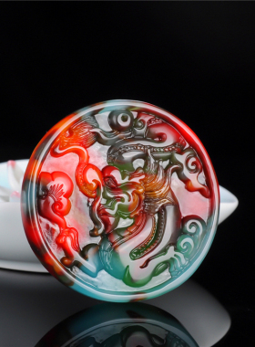 玉器鸡血玉龙牌吊坠男女款和田玉生肖龙挂件金丝玉彩玉龙玉牌项链