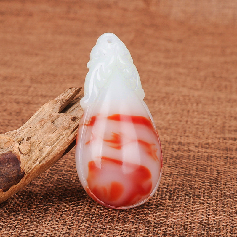 玉器新疆和田玉鸡血石原石吊坠 男女款水滴鸡血玉石链子玉石挂件