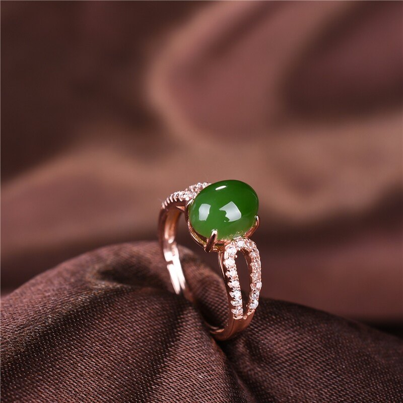 和田羊脂玉女款S925银玫瑰金镶碧玉时尚蛋面活口开口戒指礼物
