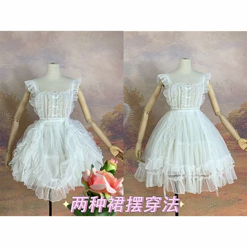 单罩裙 汉洋折衷 抽带提拉两穿优雅网纱JSK蝴蝶结 lolita围裙罩纱
