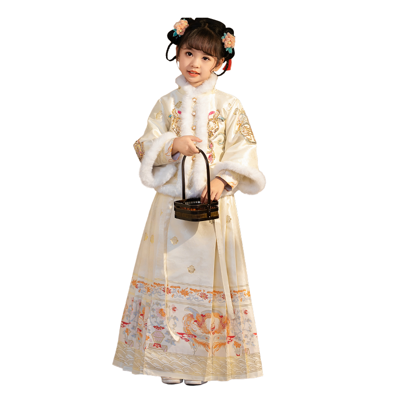 汉服儿童加绒加厚冬装拜年服中国风套装香槟色女童过年保暖马面裙
