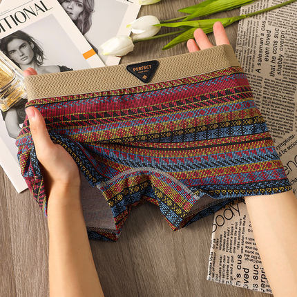 慕朗森10A抑菌女士内裤纯棉复古民族风平角裤舒适透气四角裤头潮