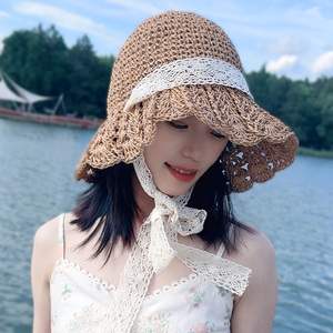 新款草帽女2024夏季透气镂空海边度假帽子蕾丝遮阳防晒渔夫帽盆帽