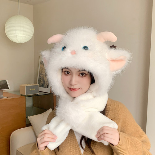 冬季新款耳朵会动帽子围巾一体女