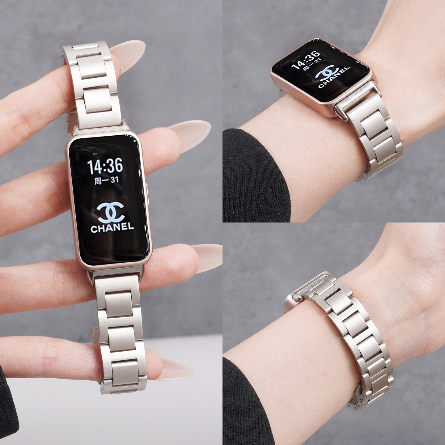 适用华为新款手环11手表带11pro三珠窄边钢带10运动9智能8金属腕表带NFC女生春夏家透气表链高级