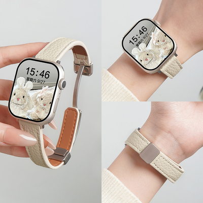 适用苹果iWatchs11手表带applewatchs11荔枝纹磁吸真皮s10表带s9智能手表s8女款磁吸卡扣s7秋冬s6代se3腕带