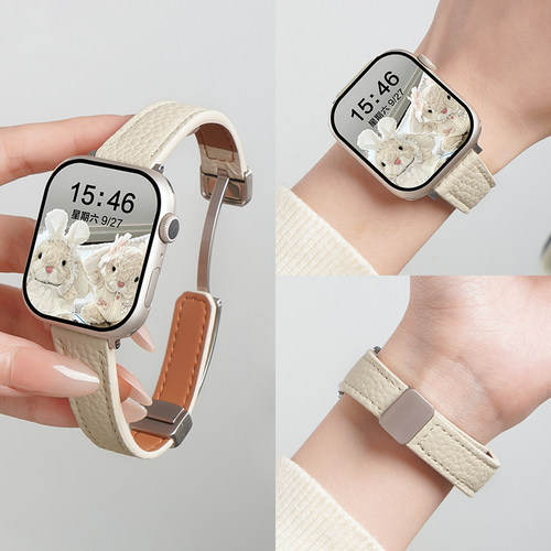 适用苹果iWatchs11手表带applewatchs11荔枝纹磁吸真皮s10表带s9智能手表s8女款磁吸卡扣s7秋冬s6代se3腕带