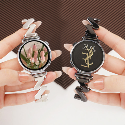 适用华为GT5手表锌合金Z字纹金属表带watchgt5pro运动GT4智能GT3女生2pro夏季41腕表带42mm冰晶蓝表链透气