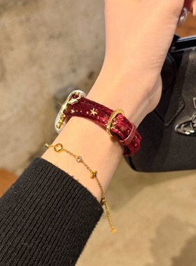 适用华为gt6女款丝绒布面表带watchgt5新年红gt4智能腕表watch5头层牛皮女士手链绒面高级gt5pro42冬配件