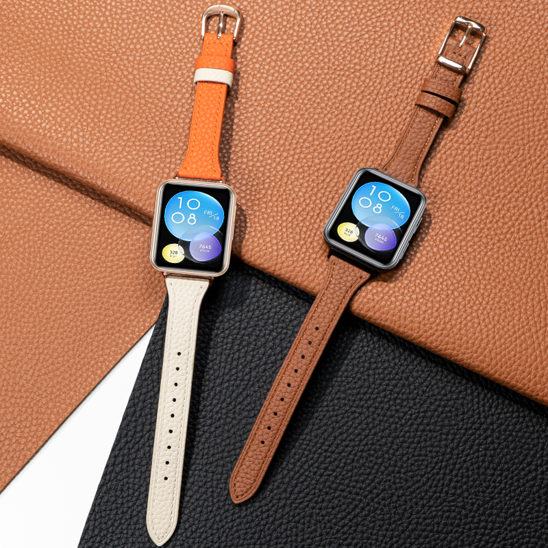 适用华为watchFIT4智能fit3手表4pro表带FITnew手表链togo荔枝纹真皮20mm腕带柔软透气女款替换表带配件