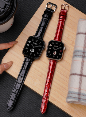 适用苹果S11手表带iwatch S10竹节纹真皮腕表带ultra3运动2智能S9圣诞新年红色8女生7秋冬se小众6高级5配件