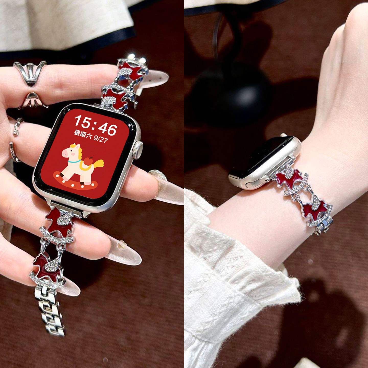 适用华为watchfit5手表带fit5pro金属镶钻红色小马腕表带fit4运动4pro智能fit3女生夏季小众表链