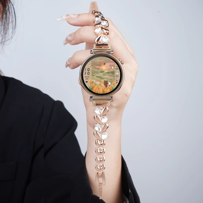 适用华为GT4手表GT5/Pro施华洛半钻爱心水晶链表带41mm运动gt3/2pro智能watchgt4女士夏季表链金属高级腕带