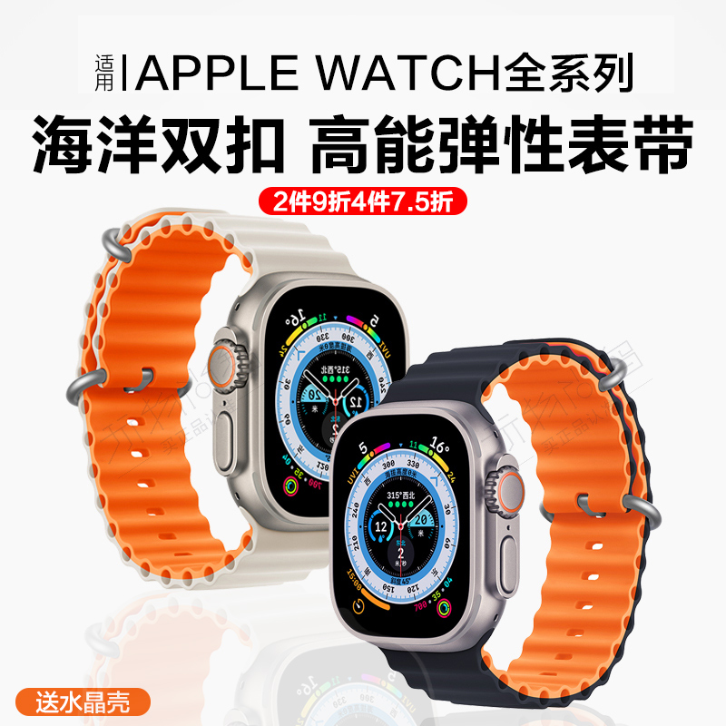 适用applewatch ultra/2海洋表带iwatch9苹果S8手表SE硅胶S7高级运动S6创意5/4代新款男女智能iPhonewatch-封面