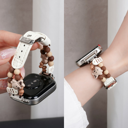 适用华为FIT5珠串拼皮表带watchfit5pro小猫小鱼卡通合金腕表带fit4运动fit4pro智能fit3女生夏季可爱表链