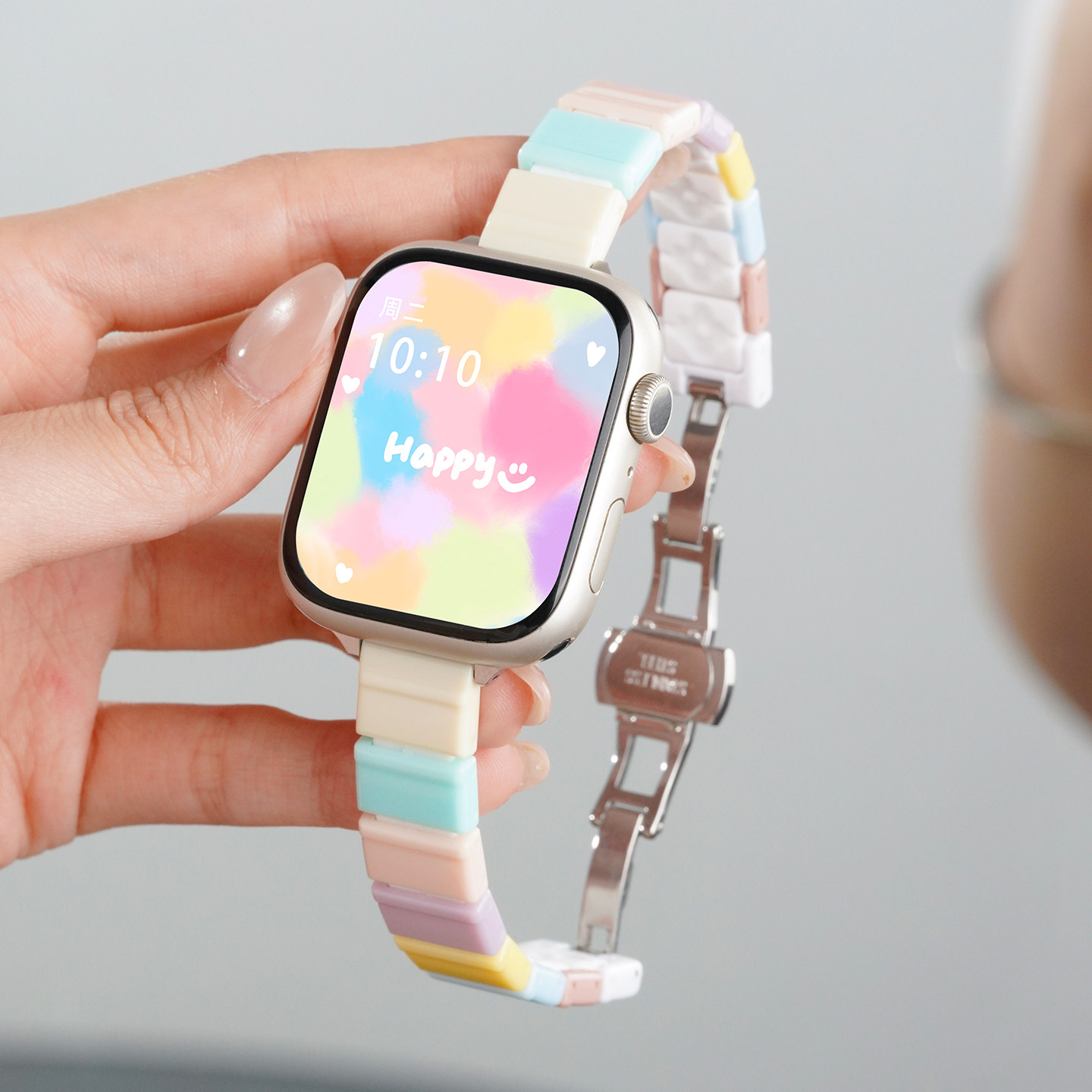 适用vivowatch gt2手表带iqooGT2亚克力硅胶表带vivowatchgt2智能腕表带一珠款炫彩糖果色女手链仿树脂多巴胺