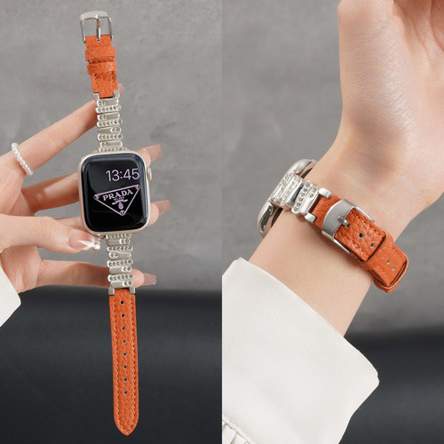 适用苹果iwatchS11手表s10表带applewatchs11不规则镶钻拼皮质s9/8/7荔枝纹金属se3秋冬高级感ultra3替换腕带