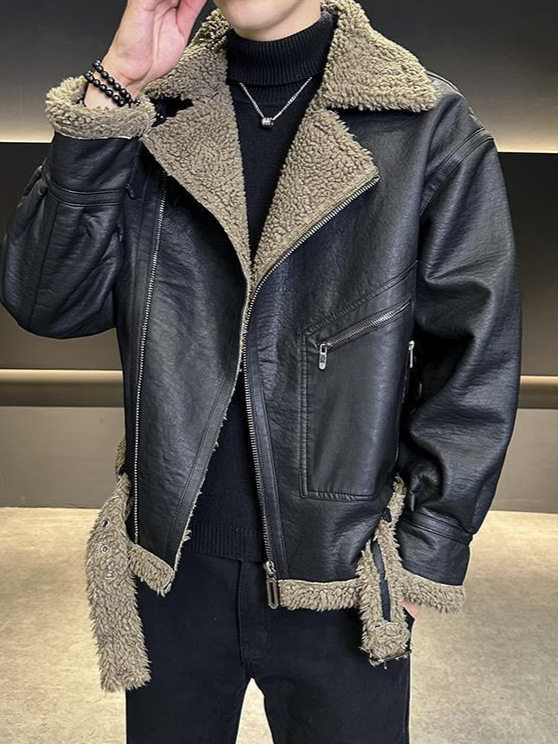 皮毛一体外套男秋冬羊羔毛皮夹克短款机车服加绒加厚