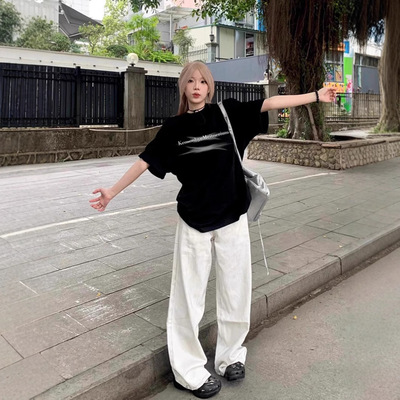 美式高街潮牌黑色短袖女t恤夏季宽松大码胖mm小众设计感纯棉上衣