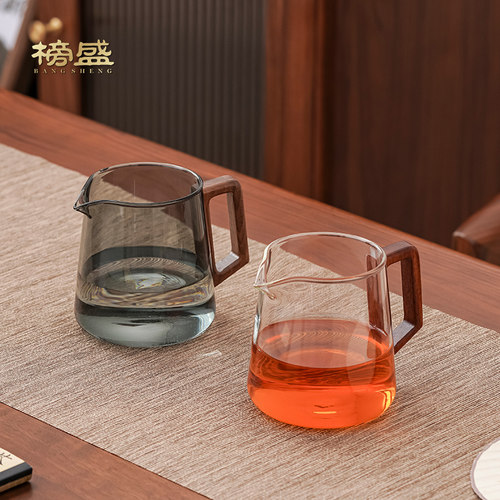 榜盛玻璃公道杯实木侧把隔热防烫