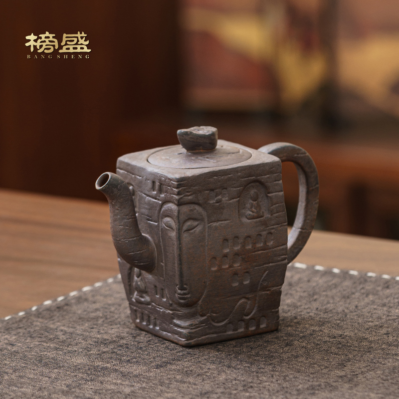 老岩泥敦煌四方壶家用功夫茶具单壶中式复古粗陶泡茶壶不烫手