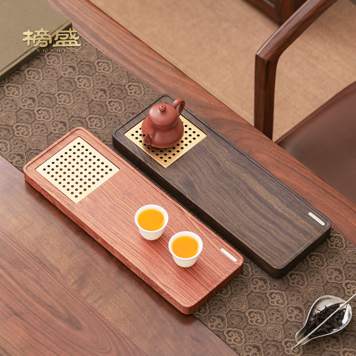 榜盛黑檀木茶盘轻奢干泡盘办公室家用沥水储水茶台一人泡茶专用