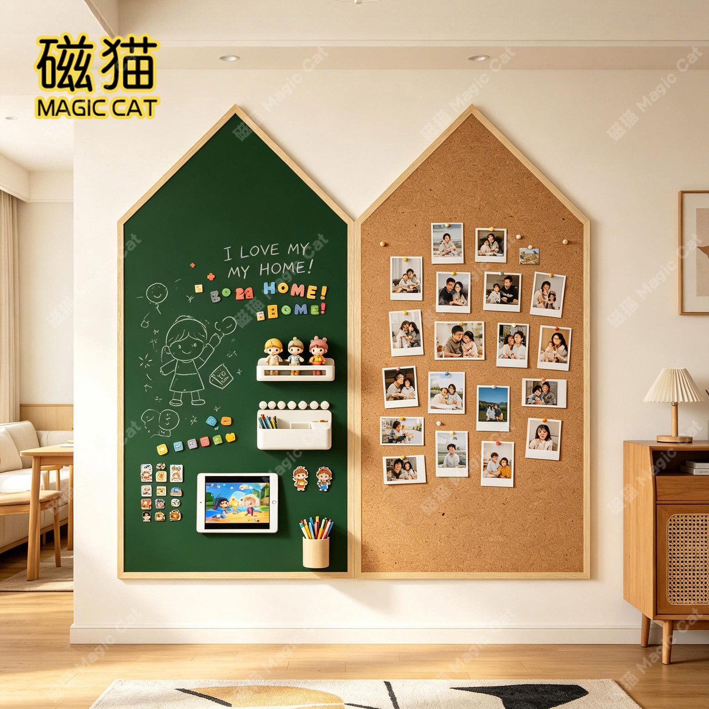磁猫双房屋挂墙式绿板软木组合儿童涂鸦板冰箱贴展示板家用黑板磁吸吸附专用学校幼儿园可书写铝蜂窝芯白板