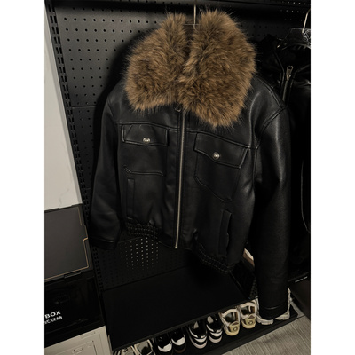 复古毛领机车风PU皮衣夹克男女