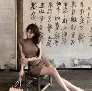 新新家   【江南美人style】纯欲半高领收腰包臀肯豆风连衣裙女夏