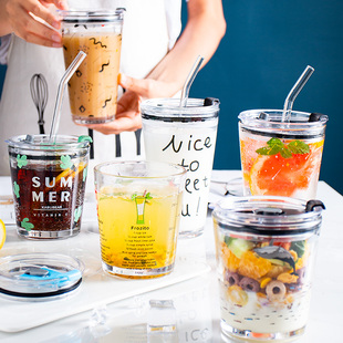 杯子带盖玻璃杯吸管水杯女家用儿童刻度牛奶杯便携吸管杯果汁杯