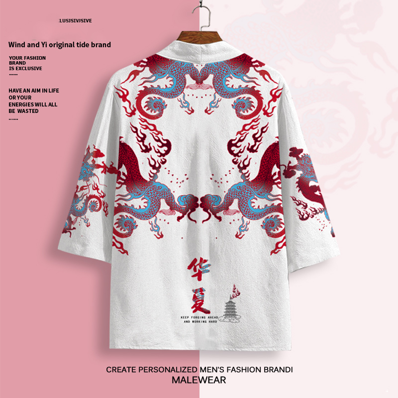 夏季汉服男中国风凤凰印花道袍大码宽松薄款开衫羽织披风防晒外套