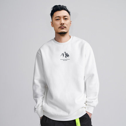 日系美式复古山峰白色卫衣男秋冬潮牌圆领秋装加绒加厚打底衫上衣