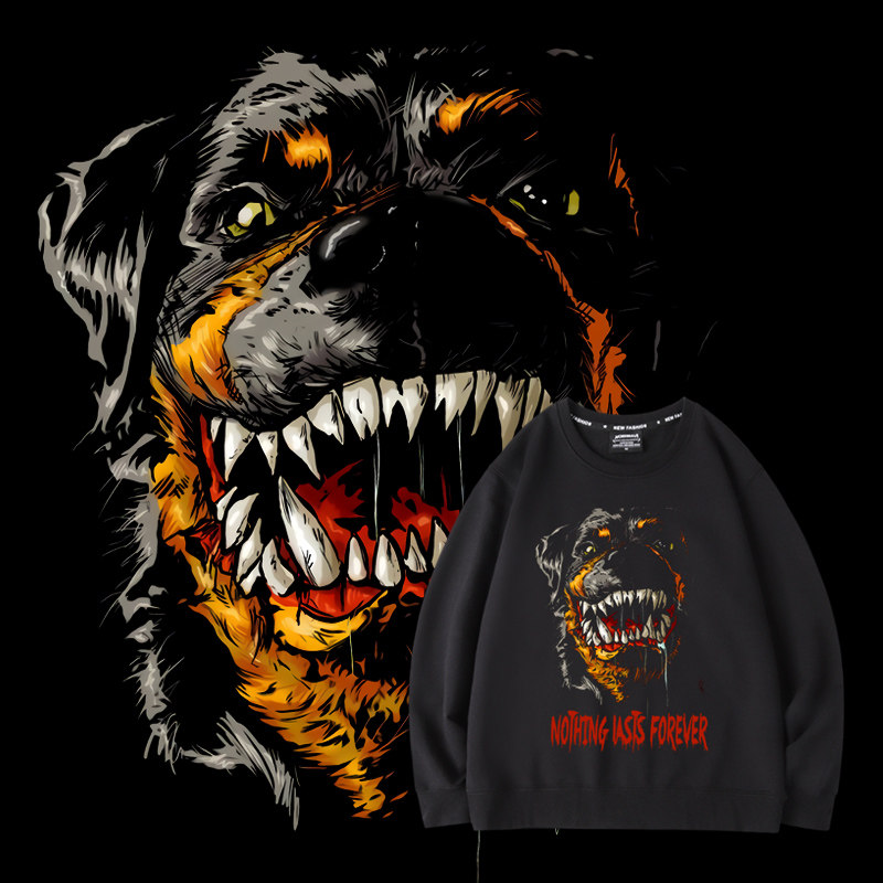 罗威纳犬美式复古卫衣男大码春秋款圆领加绒宽松狗头胖子潮牌无帽