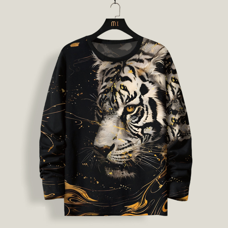 春秋季老虎头印花长袖T恤男运动衣服百搭打底衫复古嘻哈大码上衣