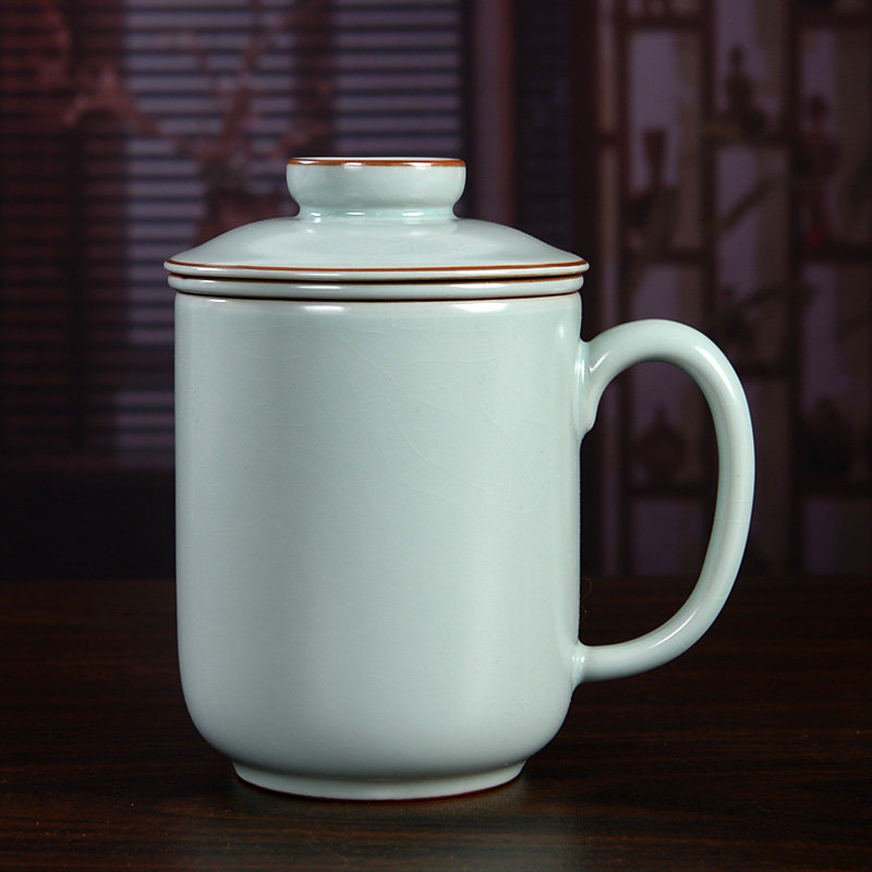 汝窑泡茶杯陶瓷马克杯带盖子带过滤青瓷水杯办公室喝茶杯子节日礼