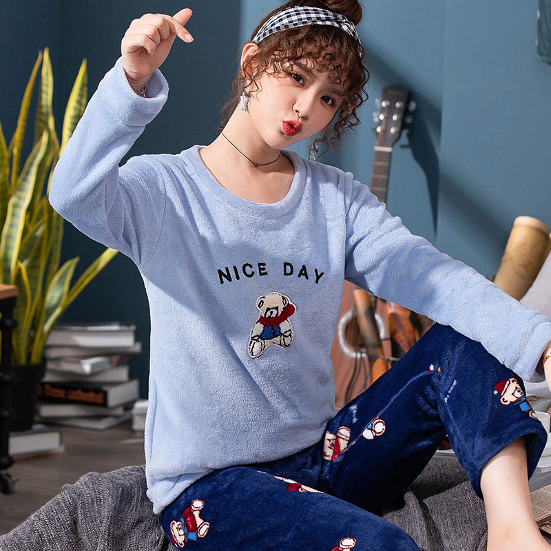 睡衣女冬加绒加厚法兰绒保暖卡通圆领套头珊瑚绒家居服两件套装1