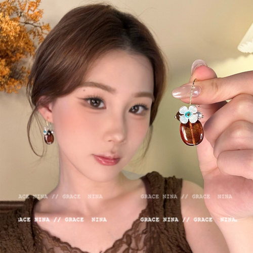 复古琥珀色吊坠花朵耳环女